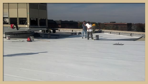 Application of the TPO membrane to the insulation board using bonding adhesive